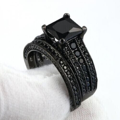 Princess Lab Created Black Diamond Wedding Band Bridal Set 925 Sterling Silver