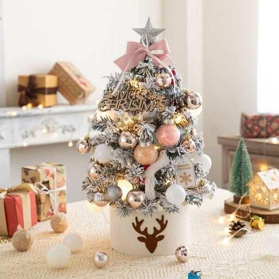 24"/60cm Tabletop Mini Christmas Tree Set with LED Lights, 24 Christmas Ball Ornaments, Pre-lit Small Artificial Green Tree Decoration for Xmas Table Indoor Holiday(Pink)