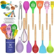 Silicone Cooking Utensils Set, 33 pcs Non-Stick Cooking Kitchen Utensils Set with Holder, Wooden Handle Gadgets Utensil Set (Multi-color)
