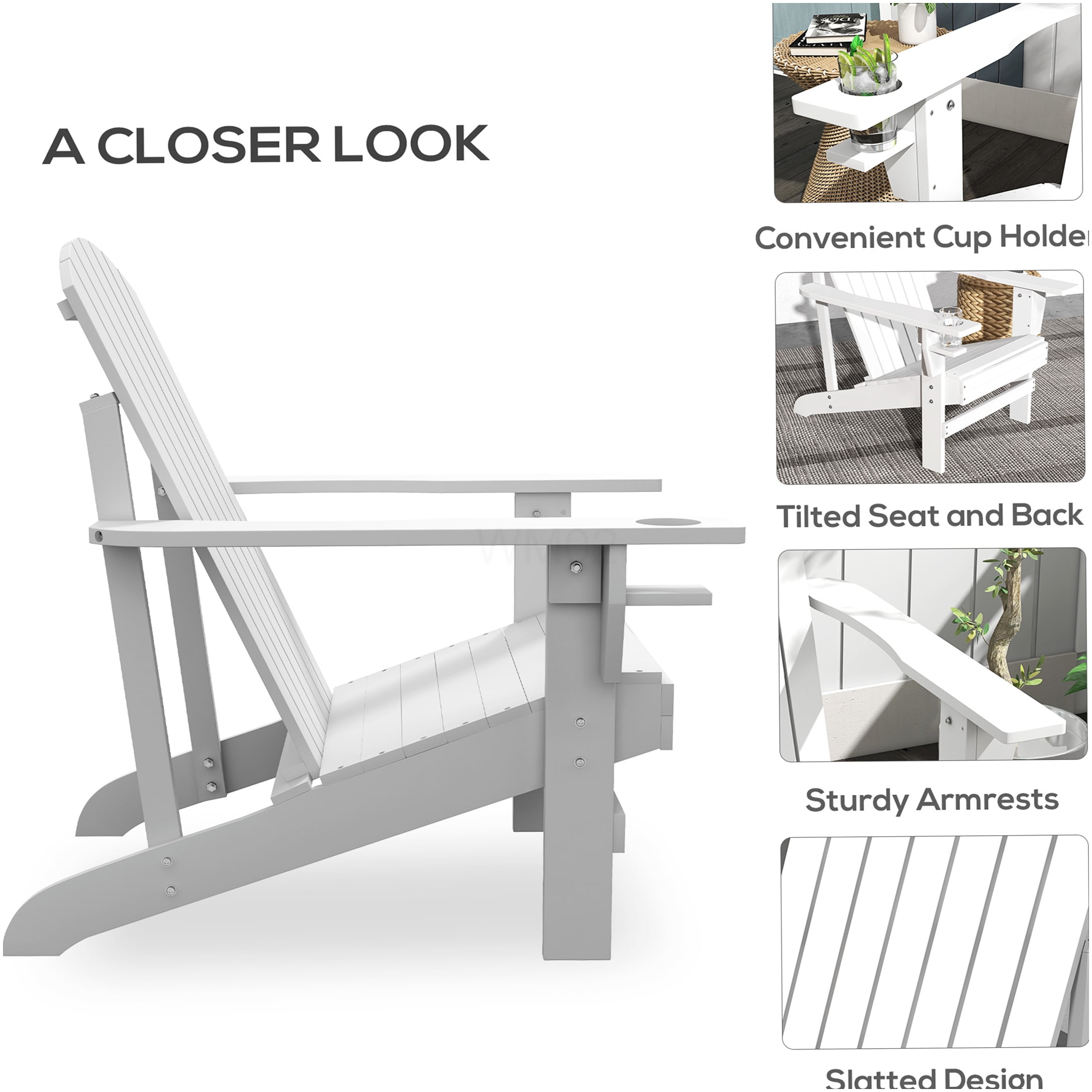COSMOS White Wooden Adirondack Chair with Cup Holder, Weather-Resistant Outdoor Patio Lounge Chair for Garden, Deck, Backyard, Fire Pit