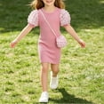thumbnail image 5 of Fesfesfes Girls Short Puff Sleeve Ribbed Knit Dress with Matching Mini Crossbody Bag Round Neck A-Line Casual Summer Spring Outfit Ages 3-9 Years, 5 of 6