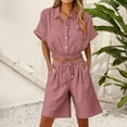 thumbnail image 2 of Horkkom Casual Outfits for Women Two Piece Sets Summer Loose Solid Color Matching Sets Short Sleeve Button Down Shirts Elastic Waist Drawstring Shorts with Pockets Outfits, Gifts for Women S, 2 of 8