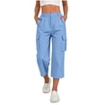 thumbnail image 3 of Fnooota Women's Cargo Capri Pants, Fall Stretchy Elastic Waist Side Split Casual Cropped Work Trousers Light Blue Size L, 3 of 7