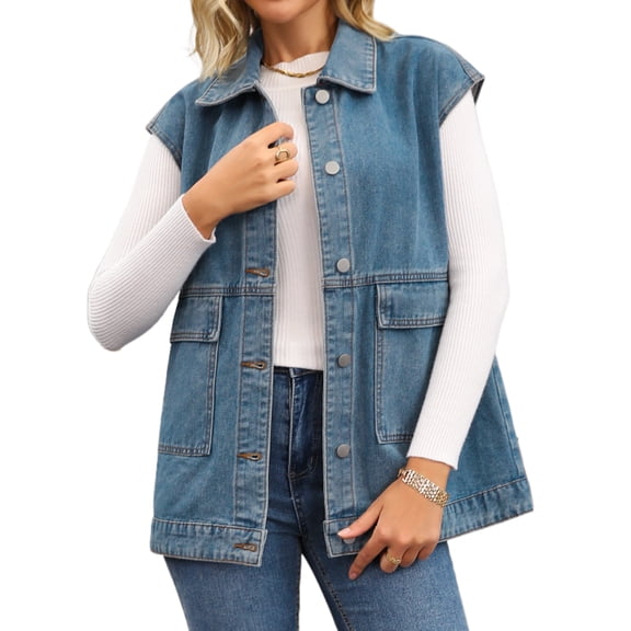 DARING DIVA Women's Button Down Oversized Sleeveless Utility Jean Jacket S Grey Blue