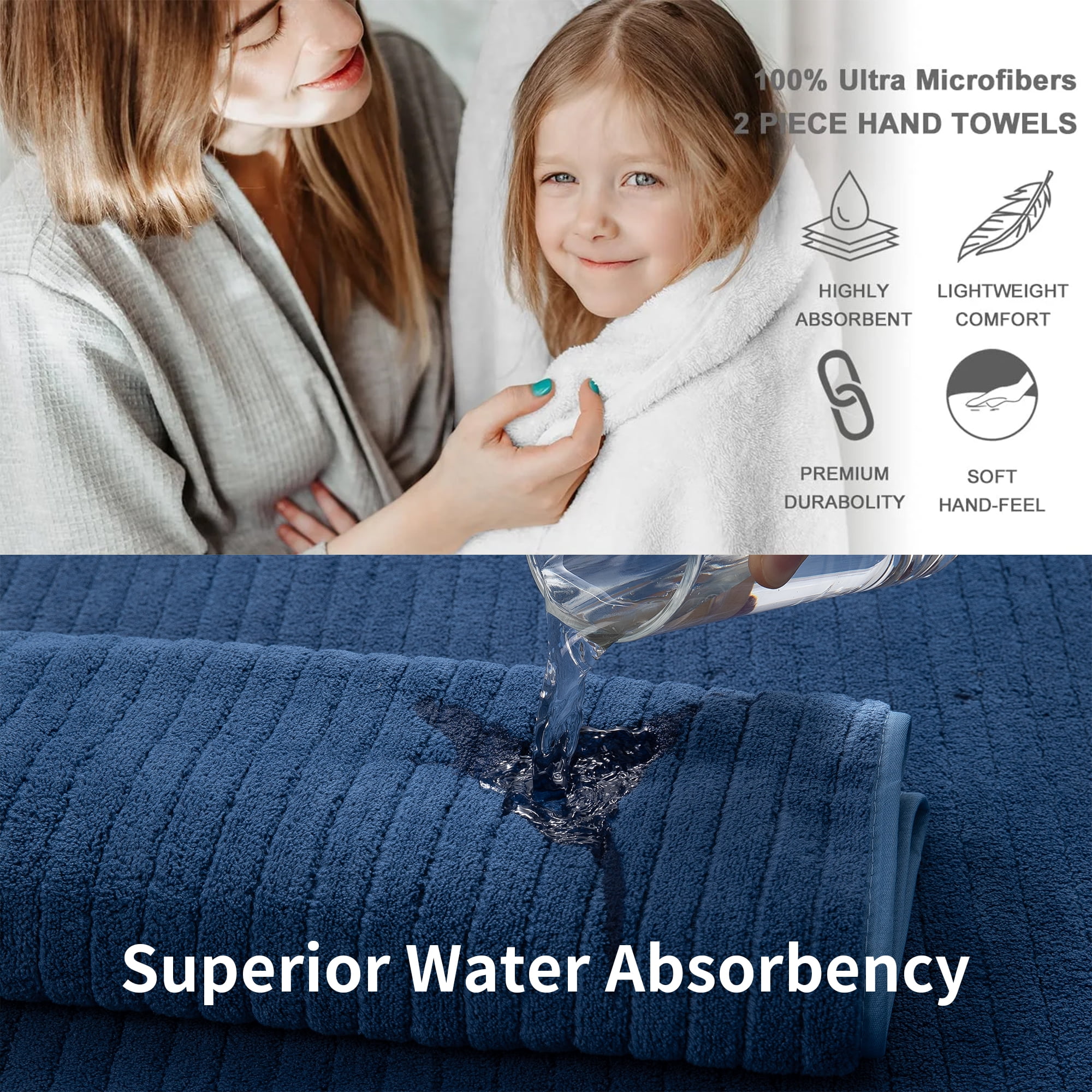 Jessy Home 2 Pack Navy Blue Stripe Hand Towels Set