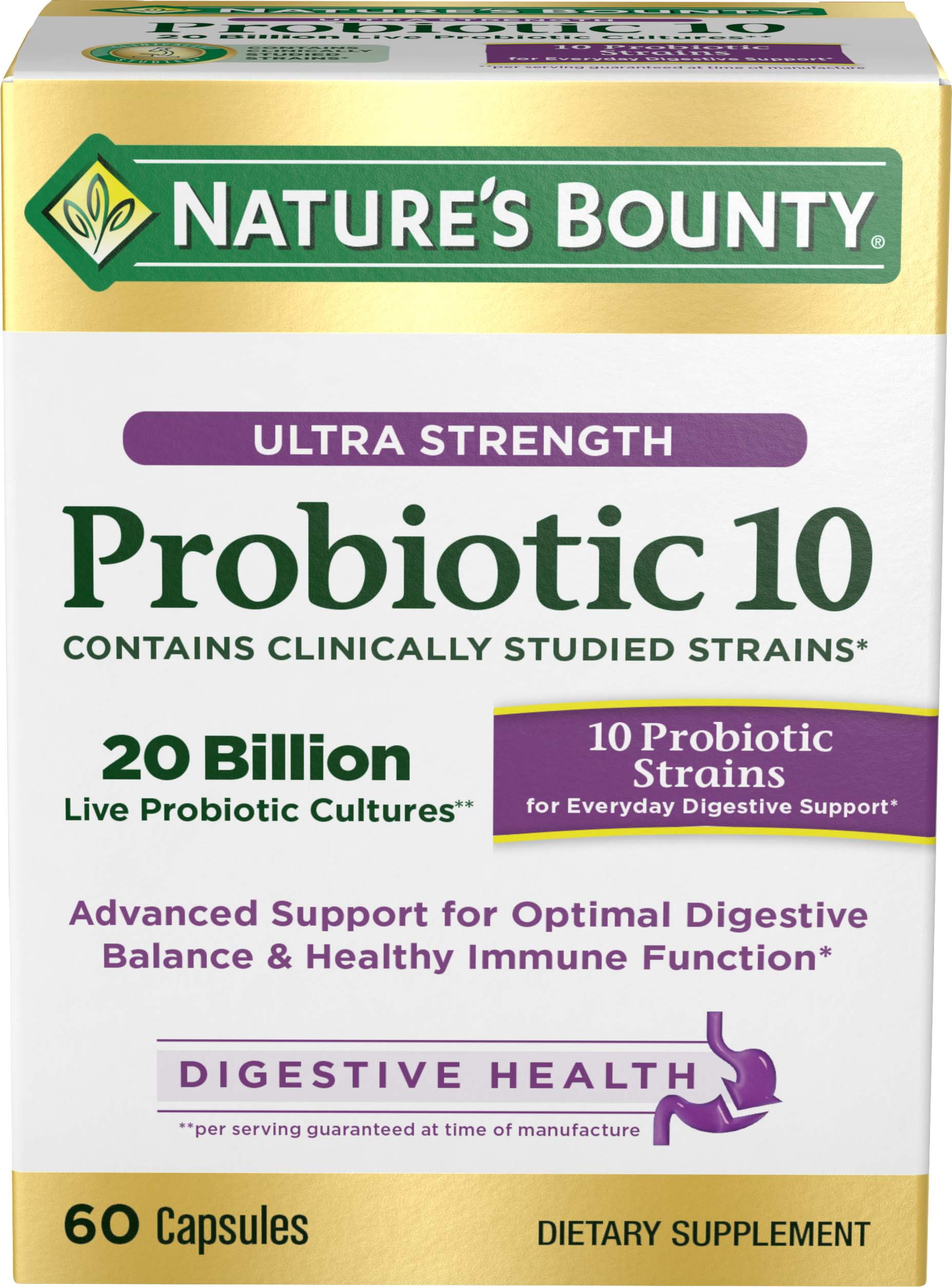 Nature's Bounty Ultra Probiotic 10, 60 Capsules, Dietary Supplement for