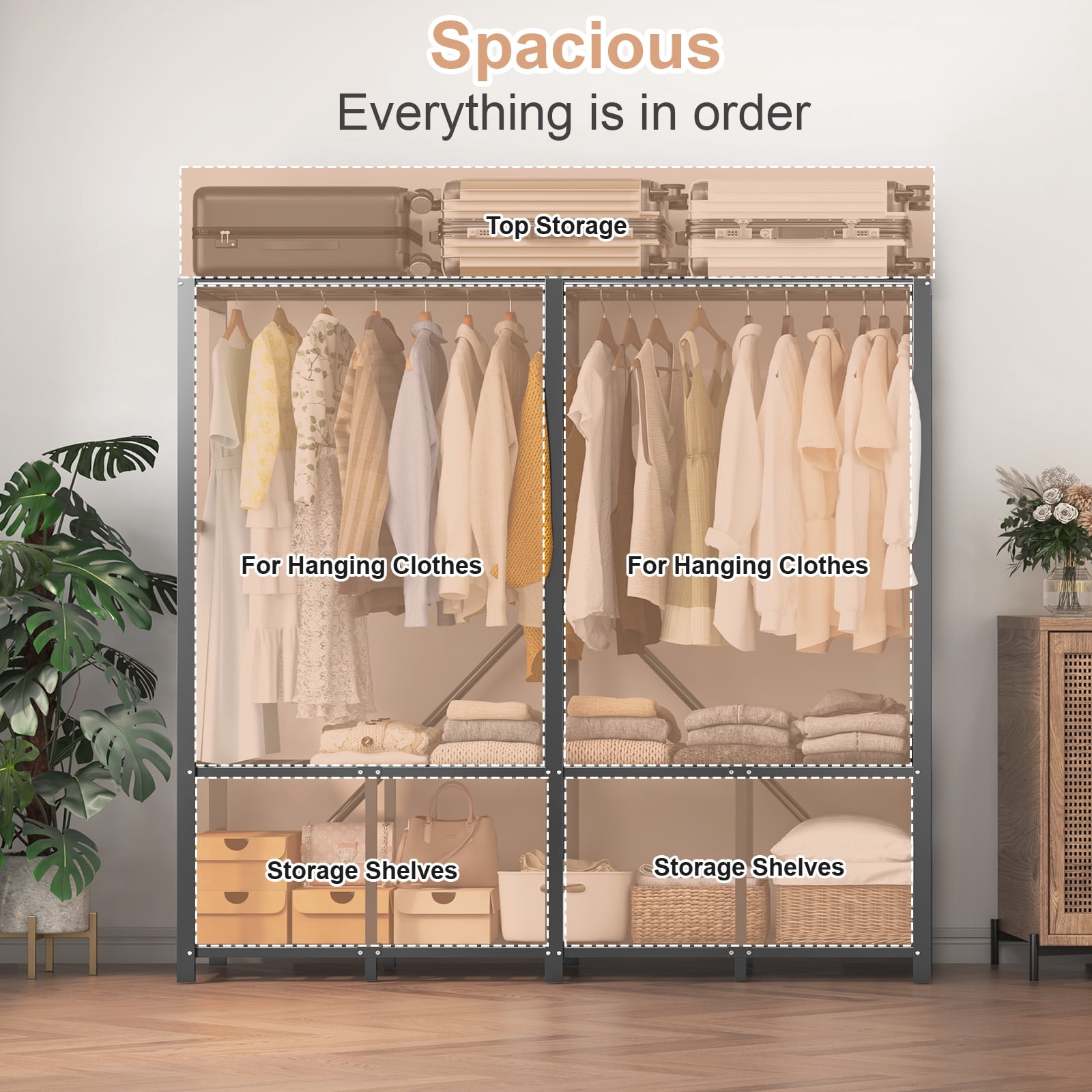 Caulitar Heavy Duty Portable Closet with Cover, Foldable Metal Wardrobe, 3-Tier Garment Rack with Cover (59.1"D x 20.5"W x 70.8"H, Gray)