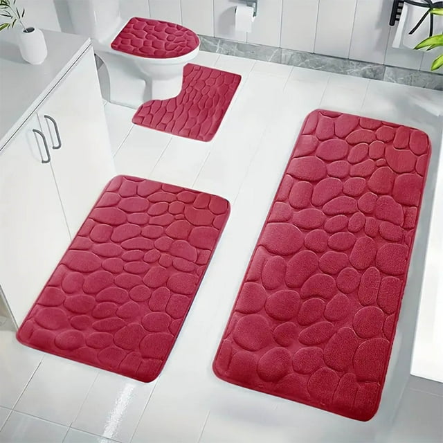 Dvkptbk Tapis de Salle de Bain Rouges Ensemble de Tapis de Bain 4 Pcs, Tapis de Bain en Mousse Mémoire pour Salle de Bain, Antidérapants Ultra Doux et Absorbants, Lavables à la Machine et Séchables Tapis de Toilette et de Douche Ensemble de Salle de Bain