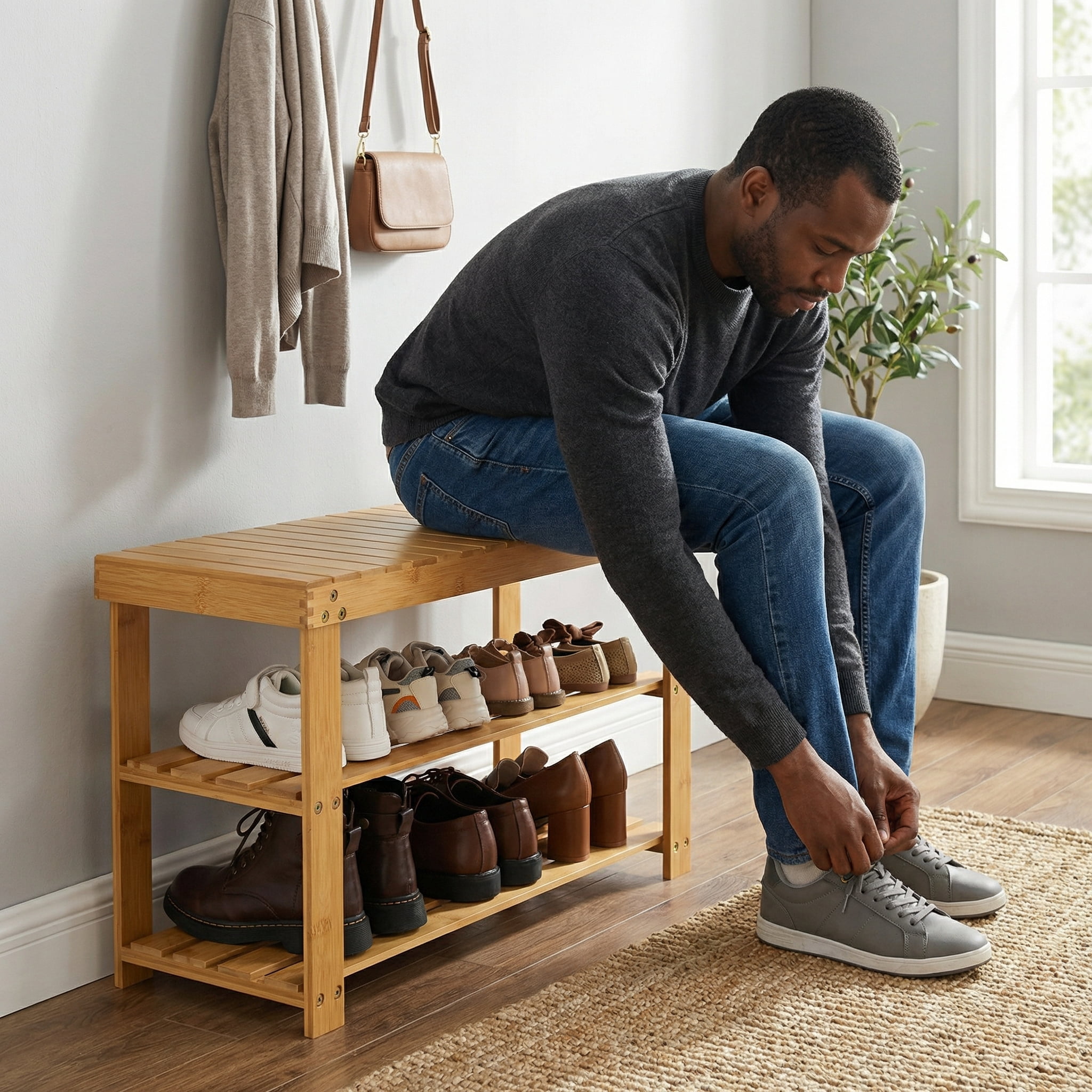 CHITOOMA 3 Tier Bamboo Shoe Storage Bench for Entryway, Wood Hallway Shoe Rack Shoe Organizer Shelf for Living Room Bedroom, Natural