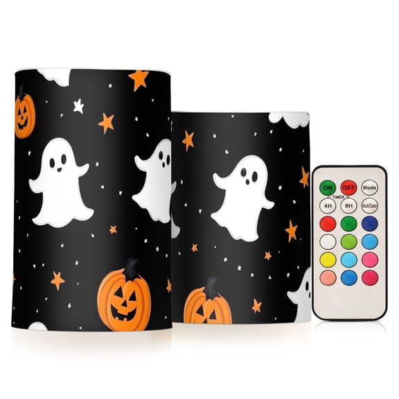 Halloween Pumpkin Ghost Flameless Candles Flickering with Remote and Timer Battery Operated LED Pillar Candle Set of 2