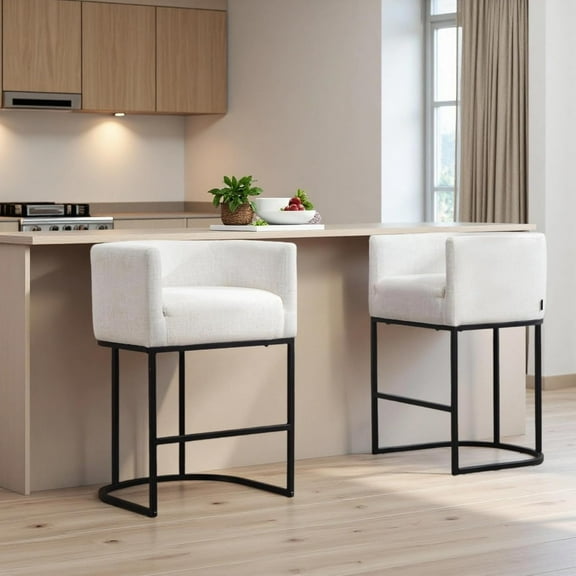 Counter Height Bar Stools Set of 2, Modern Linen Fabric Upholstered Barstools with Arms, 25" Kitchen Counter Stool Bar Chairs with Black Metal Frame for Kitchen Island/Pub/Dining Room, Beige