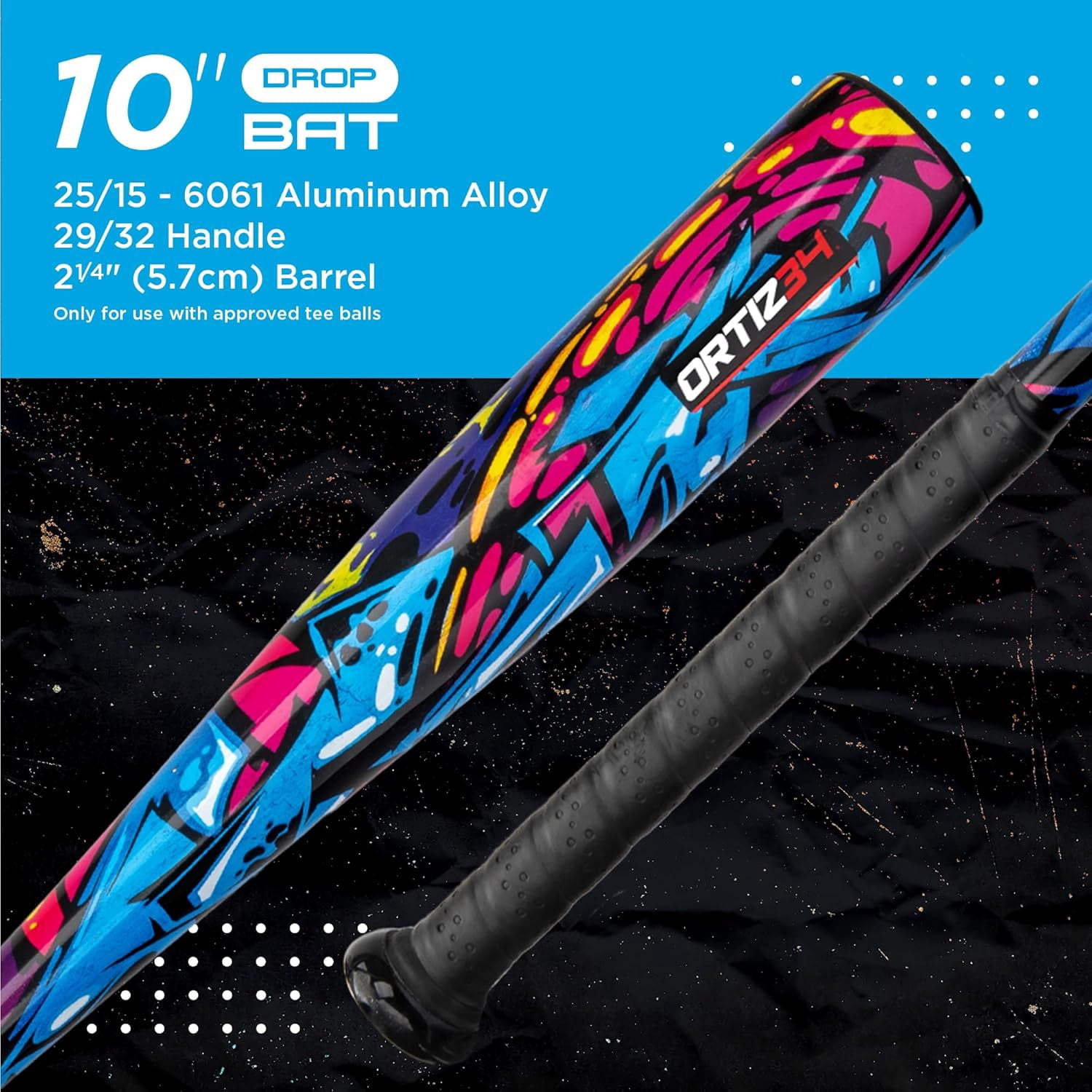 Ortiz34 Youth T-Ball Set, 25" Aluminum Bat (-10 Drop), Foam Core T-Ball, 9" Lightweight Glove, Graffiti Print