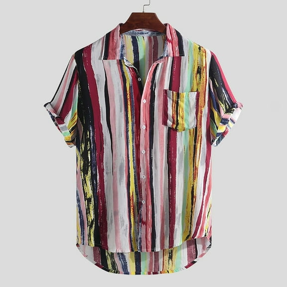 ALLLIST Cotton Mens Shirts with Pockets Short Sleeve Button Down Shirts Color Block Red Casual Mens Clothing