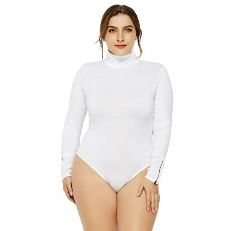 Xmarks Women's Plus Size Zipper Long Sleeve Bodysuits Basic Leotard  White(Turtleneck)