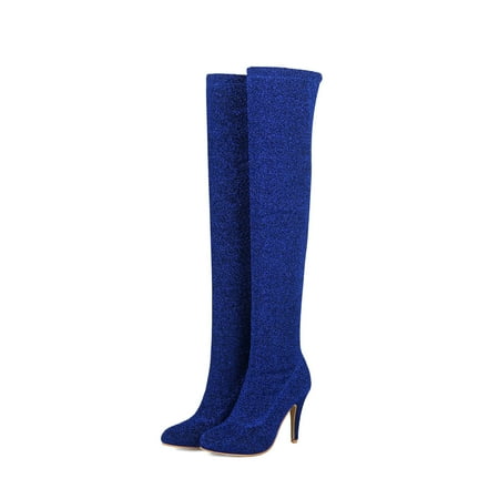 Boots for Women Clearance Deals! Verugu Sexy Fall Thigh High Heel Boots Over-the-Knee Boots Women Shoes Sexy Autumn Winter Pointed Thin High-heeled Women s Boots Blue 35