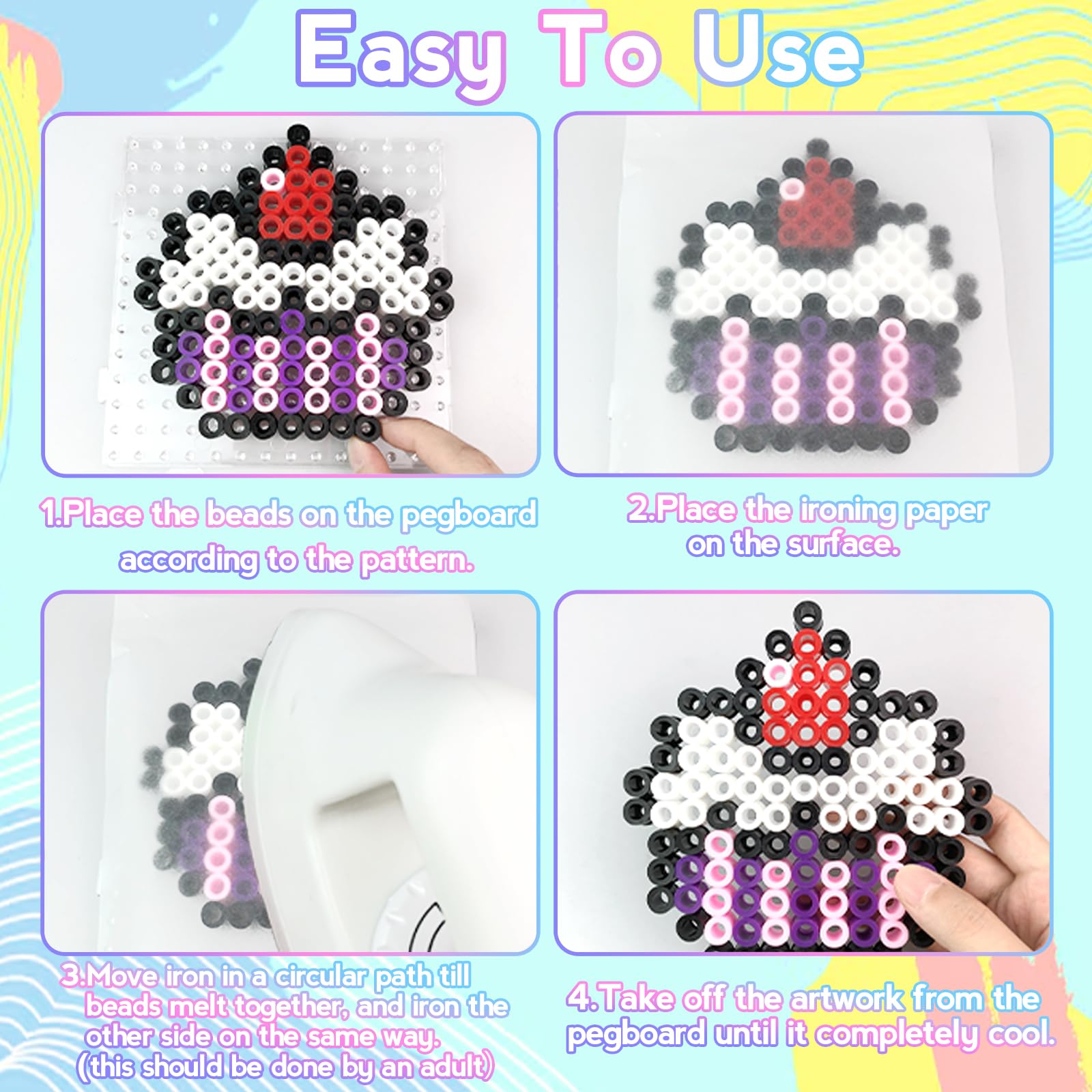 10mm Large Fuse Beads Kit– 12 Colors XL Set with Storage Box, Ironing Papers, Pegboards, Booklet, DIY Art Craft Gift for Girls & Boys Age 3+, for Birthday, Christmas, Available in Blue, Red, or White