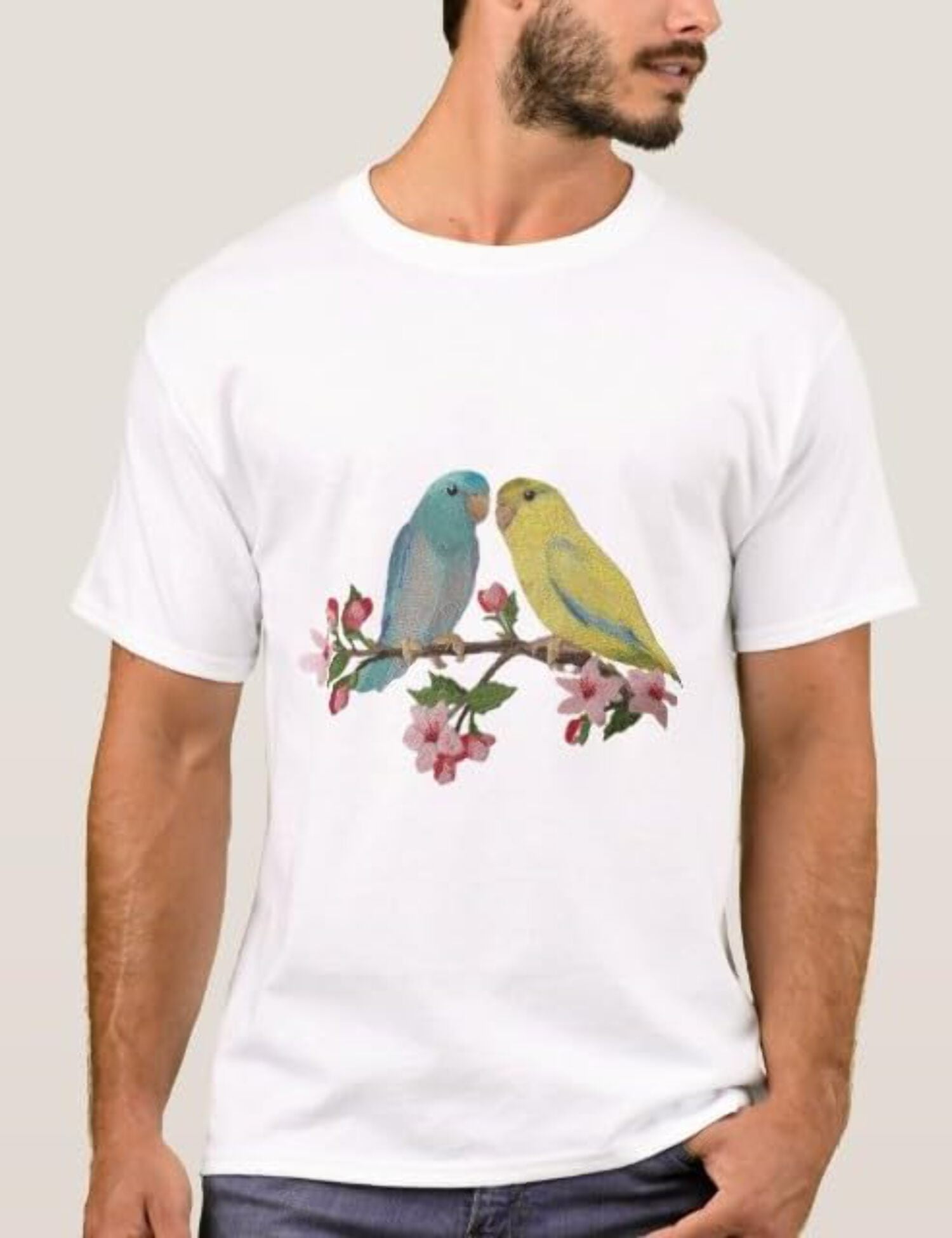 Custom Birds Parrotlet on Cherry Blossom Branch Beyond Vision (10.33" x 6.89")