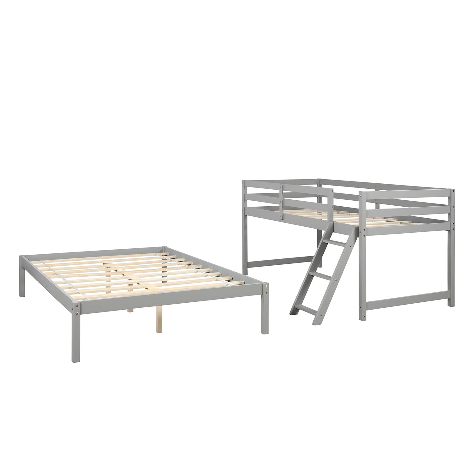 Lowestbest Solid Wood Twin-Over-Full Bunk Beds with Ladder, Gray Lowestbest Solid Wood Twin-Over-Full Bunk Beds with Ladder, Gray