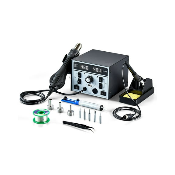 VEVOR 2-in-1 Hot Air Rework Station & Soldering Station, 820W LED Digital Rework and Soldering Iron Station with 5V USB Charging Port, Adjustable Temps & Airflow, ℃/℉ Conversion, 3 Hot Air Nozzles