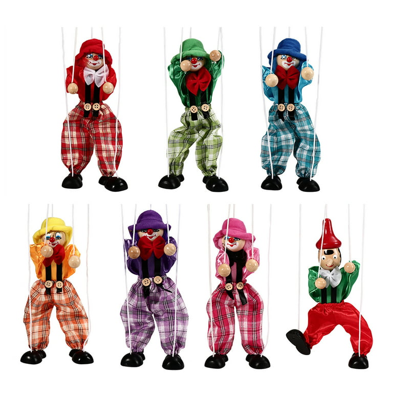 Meooeck 6 Pack Wooden Marionette Puppets Pull String Puppets, Include 4  Clown Marionette String Clown Doll and 2 Pirate Marionette Interactive Toy  for
