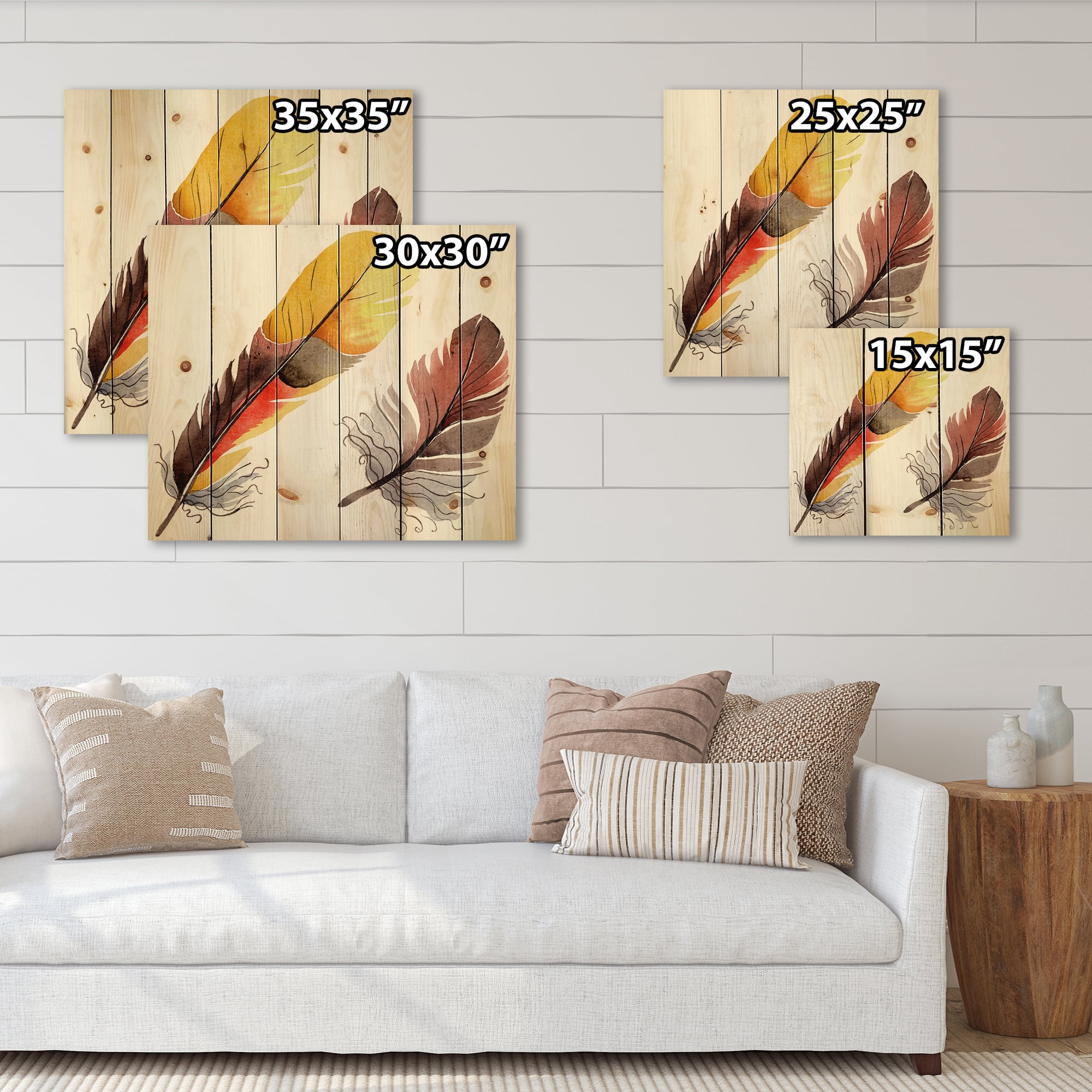 Designart 'Colourful Boho Art Feathers IV' Bohemian & Eclectic Print on Natural Pine Wood