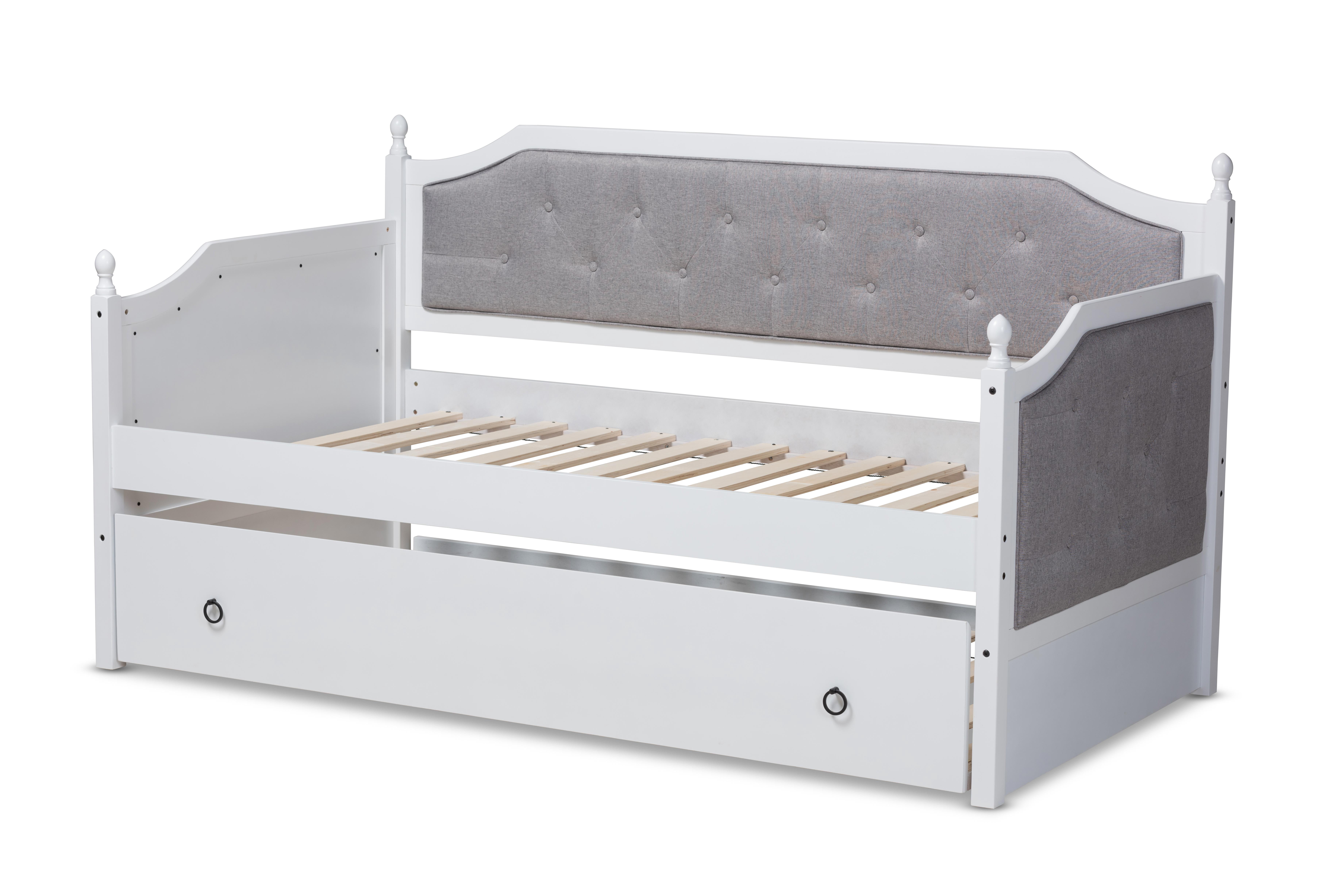 Baxton Studio Mara Classic and Traditional Grey Fabric Upholstered White Finished Wood Twin Size Daybed with Trundle