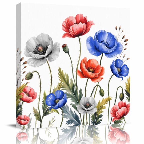 Framed Canvas Wall Art for Living Room Red Blue Poppy FLoral Wall Decor, Nature FLoral Leaves Aesthetic Paintings for Bedroom Office Kitchen Bathroom, Ready to Hang Artwork Wall Pictures 8x8 Inch