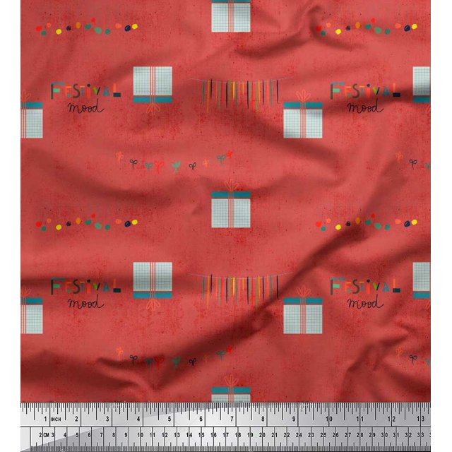 Soimoi Poly Georgette Fabric Gift Box & Hanging Ribbons Party Fabric Prints By Yard 42 Inch Wide