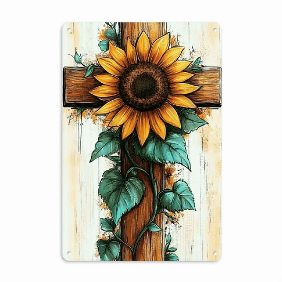Vintage Charm Sunflower Cross Metal Sign - 8_x12_ Durable Rustic Wall Decor with Easy-Hang Design - Perfect Gift Idea for Home, Bar, Garage, and Man Cave Decorations
