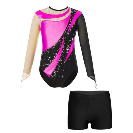 Sholeno Kids Girls Sparkly Rhinestones Mesh Long Sleeve Gymnastics Ballet Dance Leotard Bodysuit with Hot Pink&Black 14