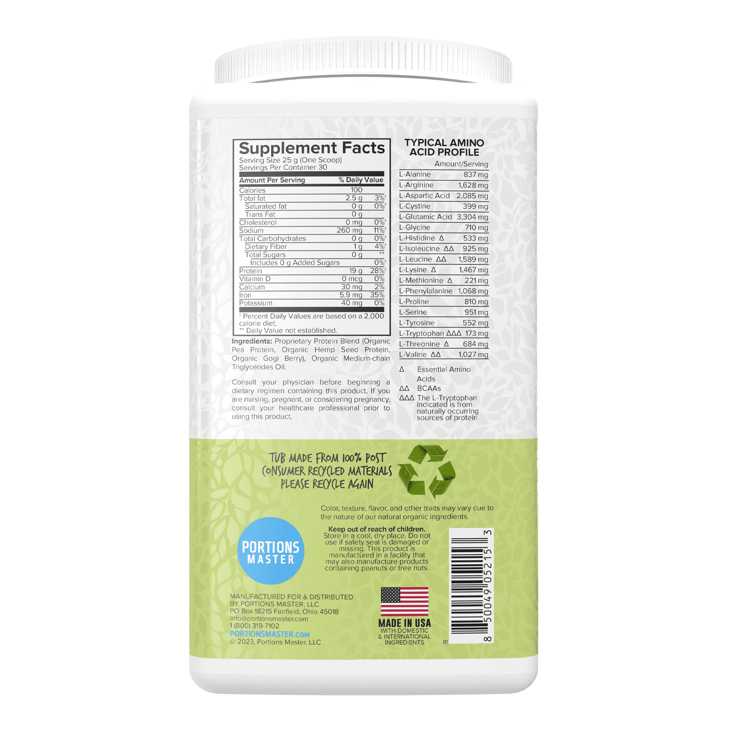 Portions Master Vegan Protein Blend Powder, Plant-Based, Gluten-Free, Dairy-Free (Vanilla 750g) (Unflavored 750g)