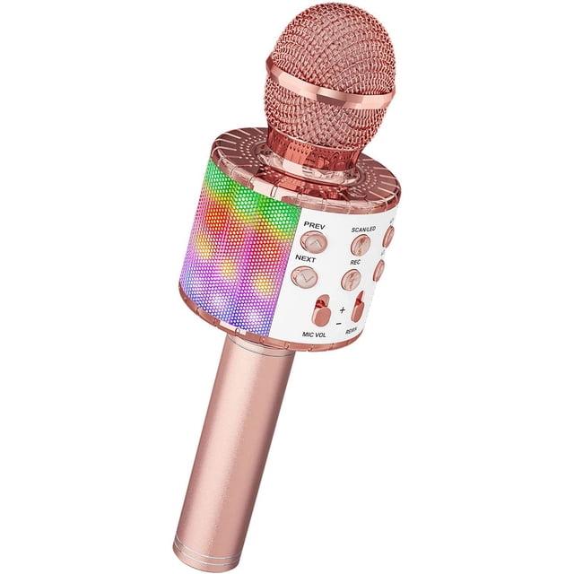 Micrófono de karaoke inalámbrico (oro rosa), micrófono de karaoke para niños con luces LED danzantes, micrófono Bluetooth para niños, niñas y niños para fiestas, cantos navideños