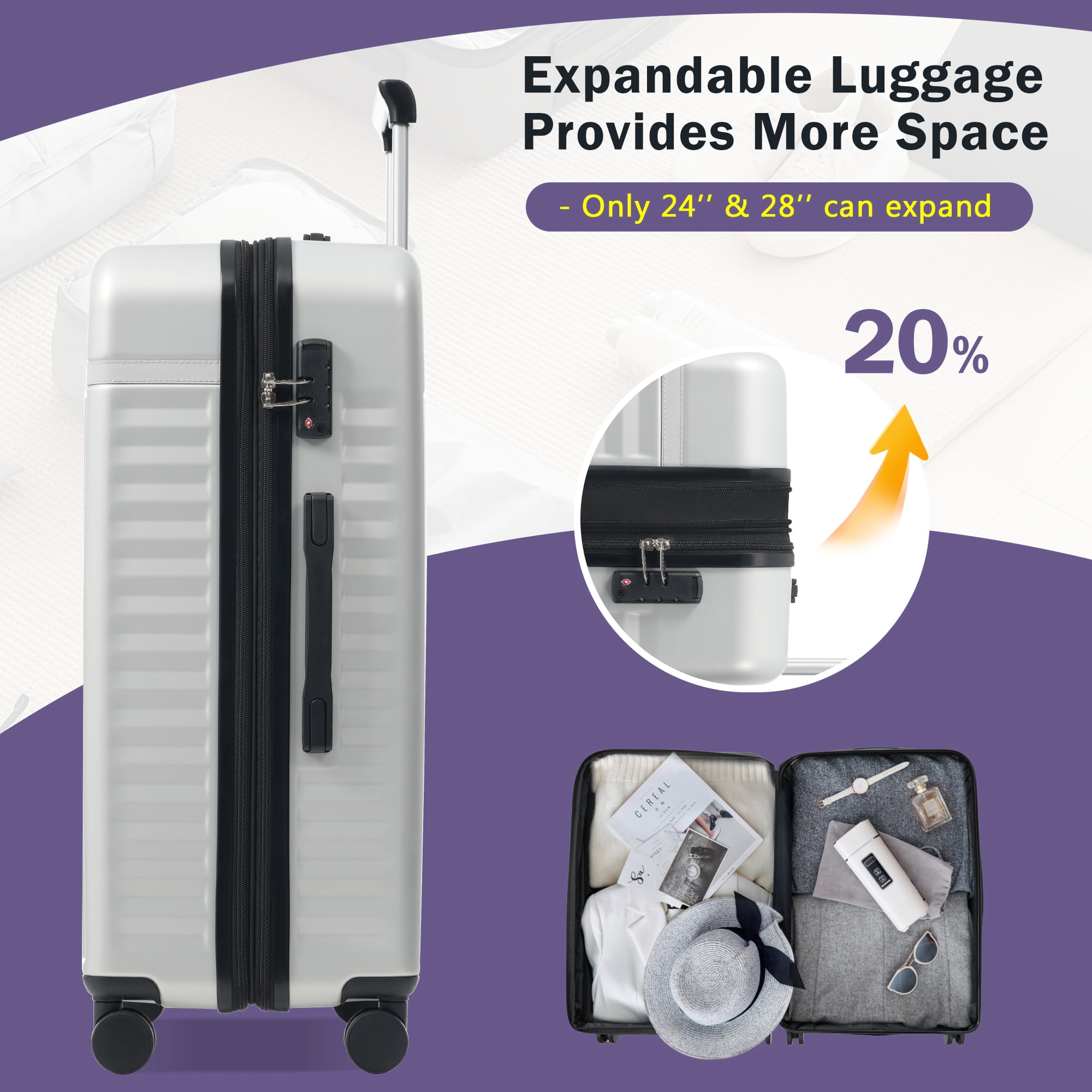 Grey+White Grey and White ABS Luggage Set 5 Piece - 20, 24, 28 Inch Expandable Suitcases with Spinner Wheels for Travel