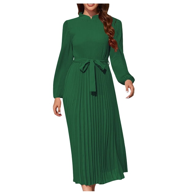 Yuyuzo Women Boho Dresses Long Sleeve Ruched Ruffle Flowy Hem Midi Dress Solid Color High Neck Belted Waist