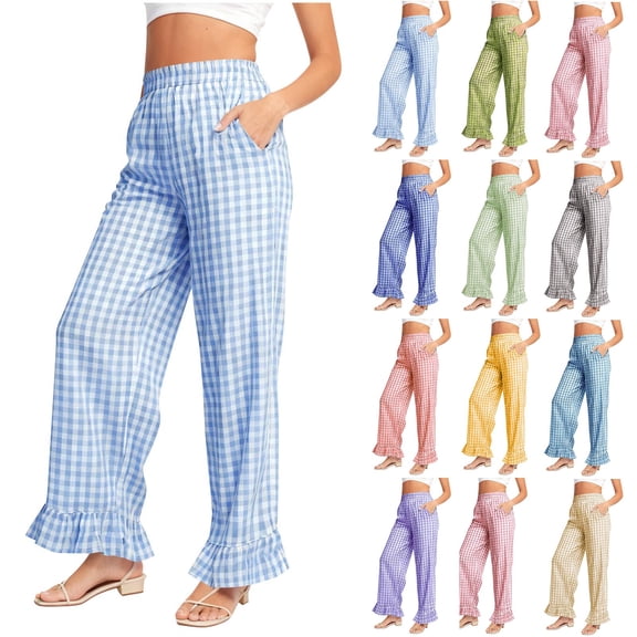 Felirenzacia Women's Plaid Comfy Cotton Pajama Pants, Loose Lightweight Tartan Elastic Waist Checkered Lounge Wear Pants, Light Blue,S