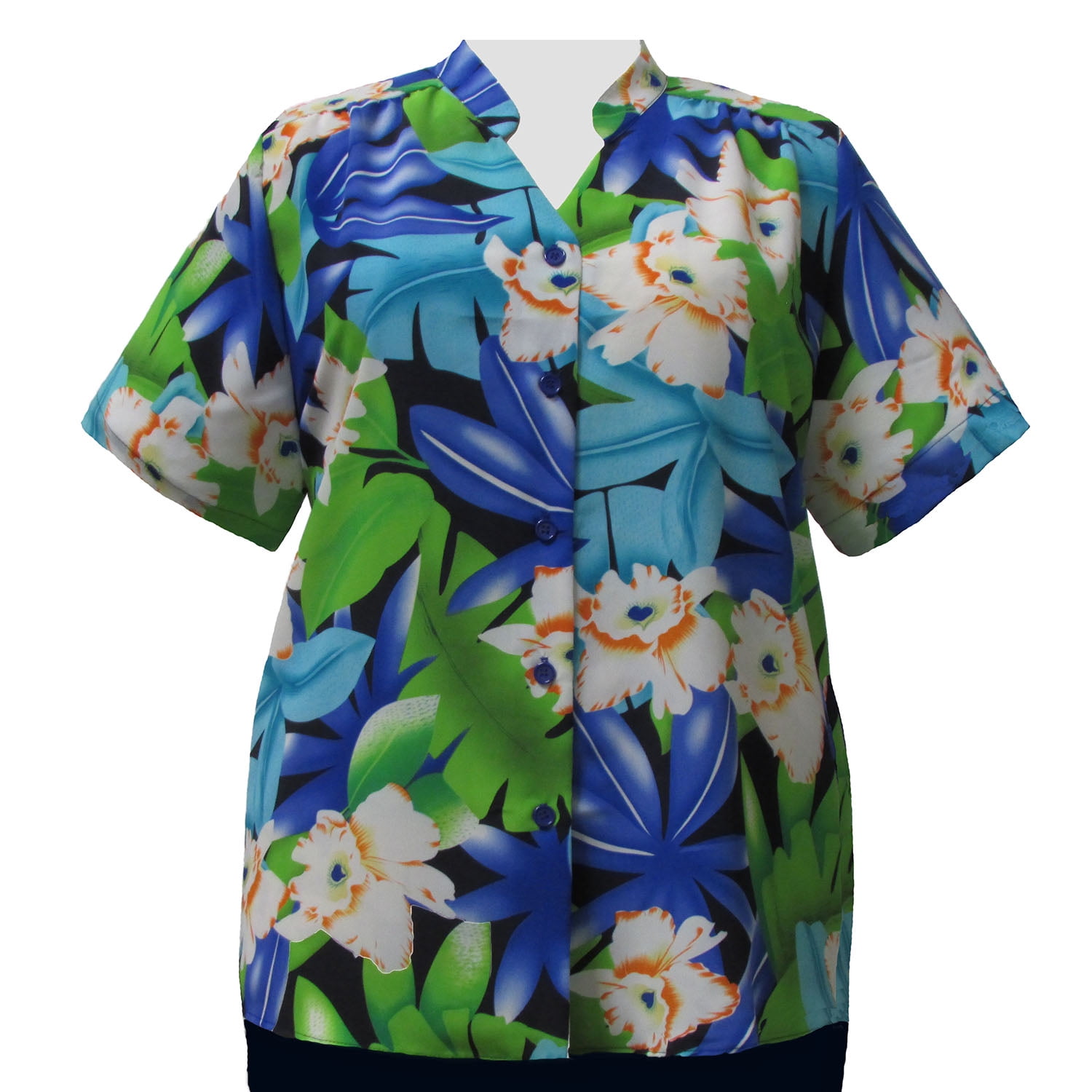 A Personal Touch Womens Plus Size Short Sleeve Mandarin Collar V-Neck Button-Front Blouse With Shirring