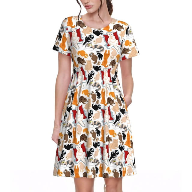 Daiia Robes pour Femmes Imprimé Chats Mignons 2025 Tendance Manches Courtes Robes Décontractées Amples Fluides Maxi Robes de Soleil