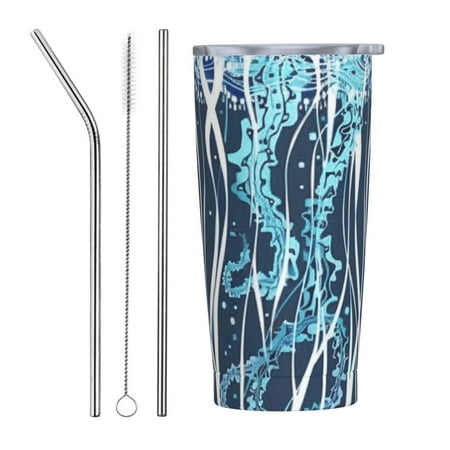 

Blue aquatic animal close-up 20 oz stainless steel cup with lid and straw double layered vacuum coffee cup ice and hot drink travel cup car travel insulated cup