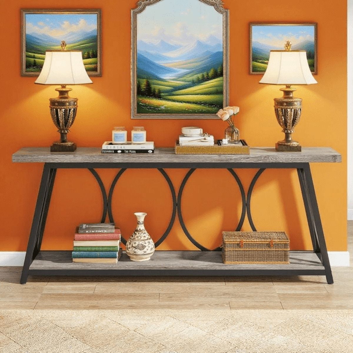 70.9" Vintage Rustic Console Table - Wood & Black Metal, 1.57" Particle Board with Bottom Shelf, 230lb Capacity for Living Room, Entryway, Behind Couch, Hallway