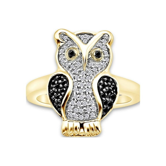 1/4 Carat CTTW Round Cut Black And White Natural Diamond Owl Ring In 14K Yellow Gold Over Sterling Silver (0.25 Cttw, I2-I3 Clarity)