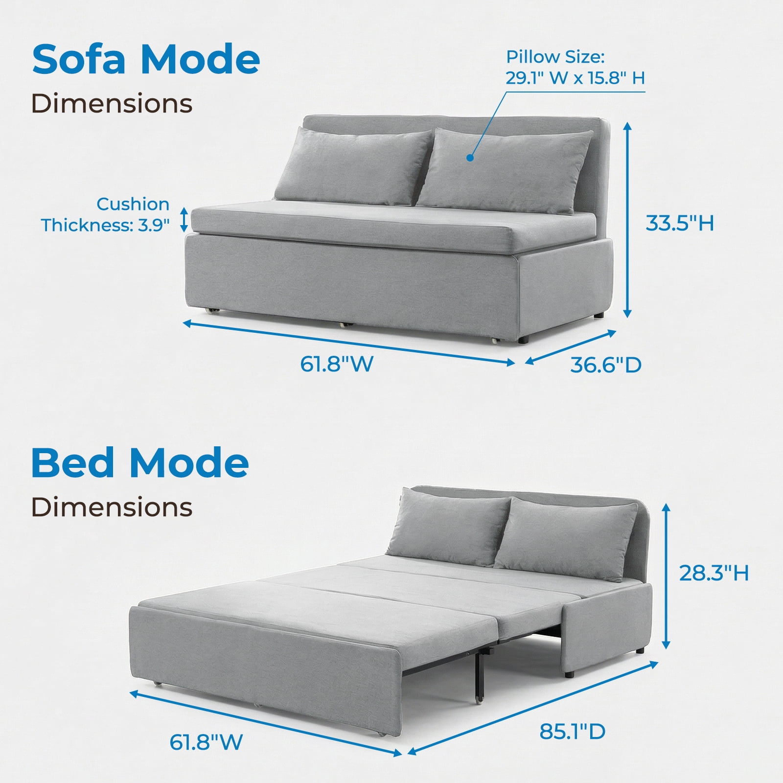 Mjkone Convertible Sofa Bed Queen Size,Linen Pull Out Sofa Bed with Cushions&Throw Pillows,Revesible Sleeper Couch for Apartment/Small Spaces,Light Gray