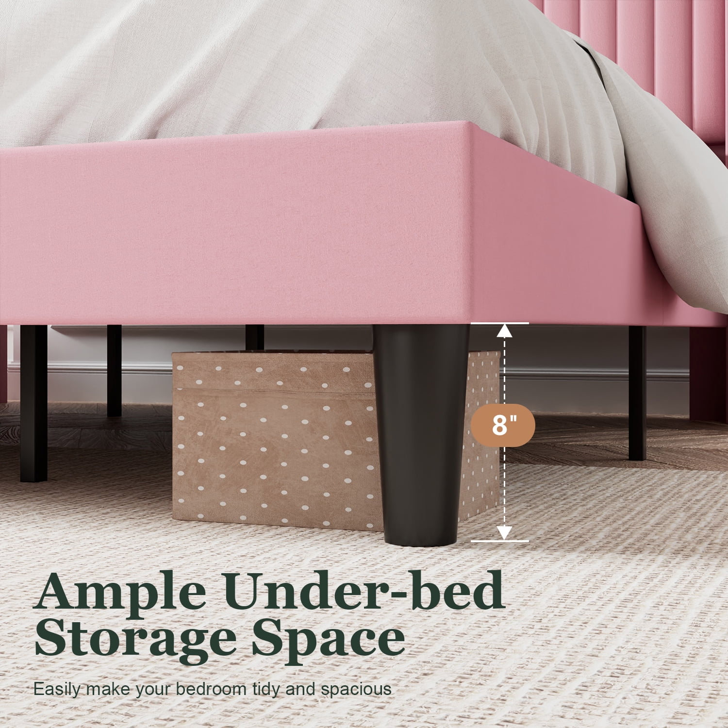 Amolife Velvet Wingback Headboard Full Size Platform Bed Frame  Vertical Stripe, Pink  (图5)