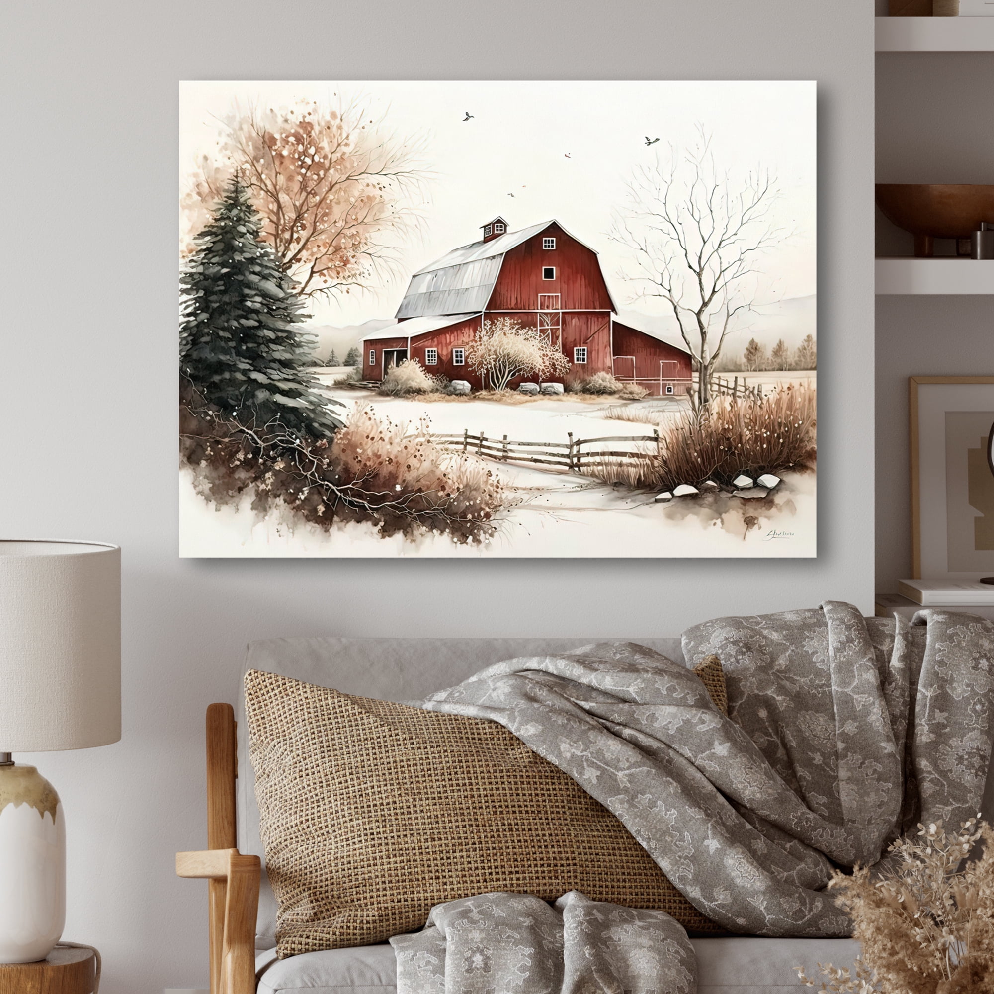 Designart Calm Red Barn In Winter I Canvas Wall Art