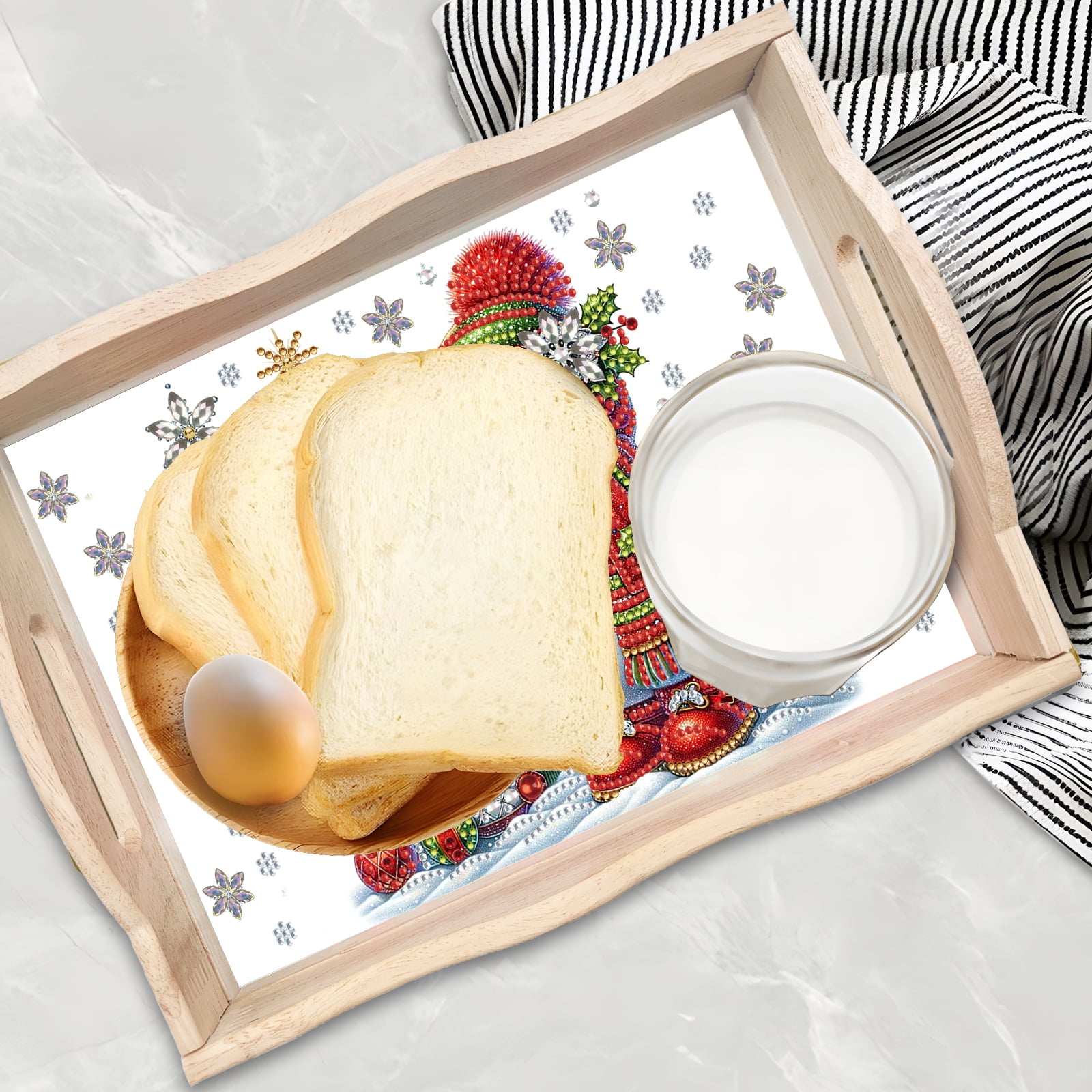 FLOPESN DIY Diamond Art Painting Handmade Wooden Tray,Creative Design Serving Dinner Plate for Coffee Living Room Home Organizer-Christmas Snowman