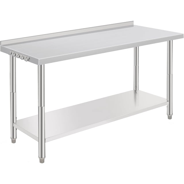 60 In x24 In x35 In Stainless Steel Rolling Work Table with Adjustable Undershelf Hooks and Backsplash - Heavy Duty Prep Table for Kitchen and Garage