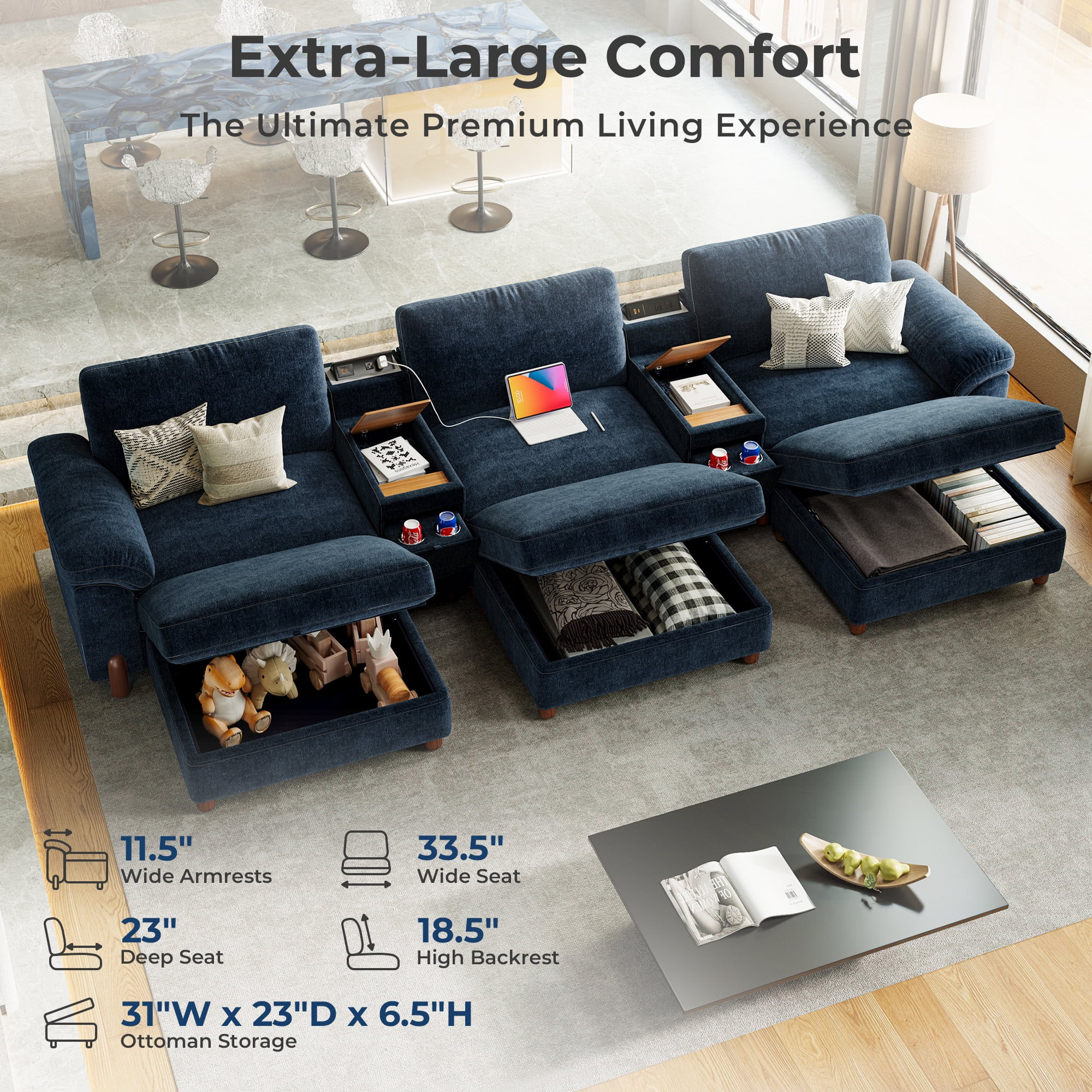 Modular Sectional Sofa with Removable Washable Covers, Oversized Deep Seat 3 Seater Sofa Bed with Versatile Console, Chenille in Navy Blue