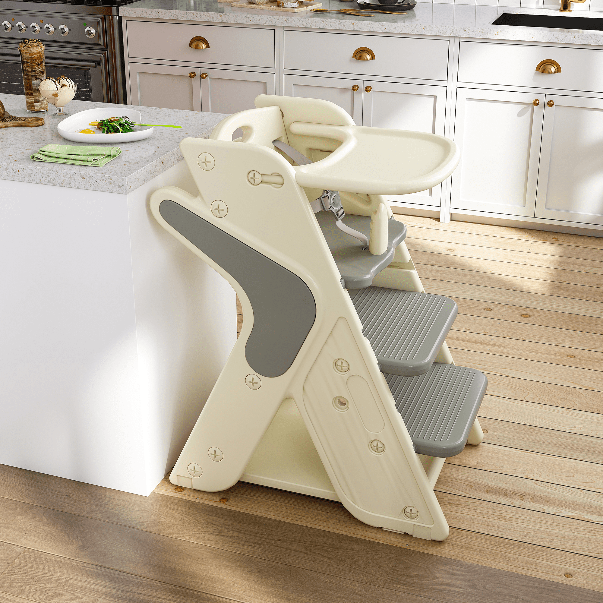 Wohh 3 in 1 Multi Functional Growing Up Dining Chair for Eating, Convertible Baby High Chair Toddler Learning Tower & Step Stool, Adjustable Height with 5-Point Harness, Removable Tray(Grey)