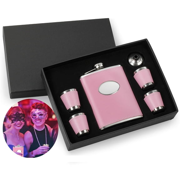 Gift Boxed Set: 8oz Pink Hip Flask for Women - Stainless Steel with Girl PU Leather, Funnel, and 4 Cups Drinkware Stylish