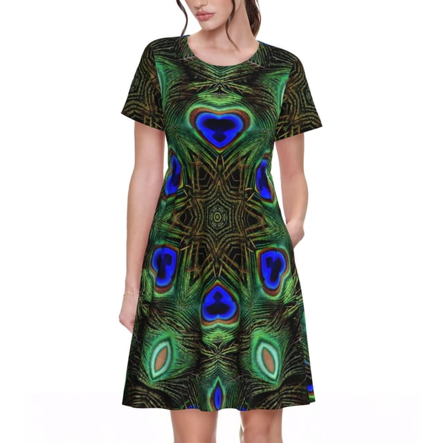 Bixox Robe d'Été à Manches Courtes pour Femmes Robe Ample Longueur Genou avec Poches-Peacock Feathers