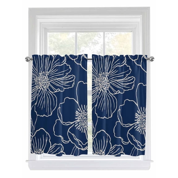 Blue Flowers Bathroom Window Curtain, Spring Floral Botanical Modern Art Light Filtering Coffee Kitchen Curtains, Bedroom Living Room Curtains 2 Panel 84"x54"